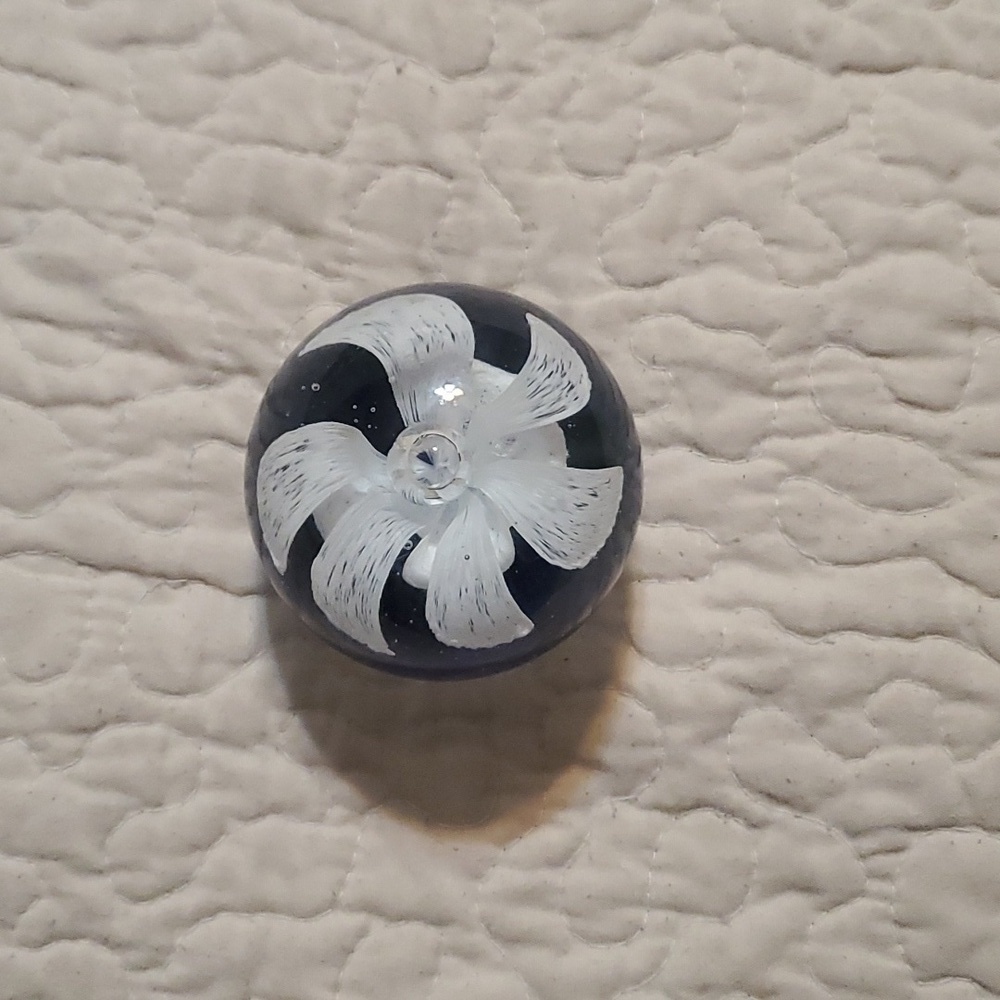 Glass White and Blue Floral Paperweight
